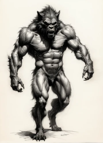 werewolf,wolfman,minotaur,werewolves,orc,brute,silverback,snarling,barong,wolverine,gorilla,ape,beast,imposing,king kong,ogre,mono-line line art,angry man,muscular,bodybuilding,Illustration,Black and White,Black and White 35