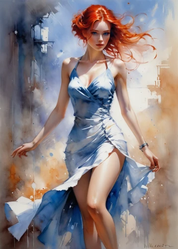 fantasy art,watercolor pin up,fashion illustration,watercolor blue,a girl in a dress,fantasy woman,girl in a long dress,art painting,fantasy picture,little girl in wind,italian painter,red-haired,femininity,red head,fineart,world digital painting,the sea maid,redheads,celtic woman,gracefulness,Conceptual Art,Oil color,Oil Color 03