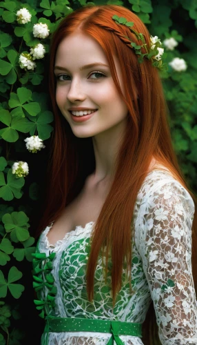 celtic woman,celtic queen,princess anna,fae,irish,faery,elven flower,faerie,in green,green dress,poison ivy,redheads,green background,elven,redhead doll,miss circassian,beautiful girl with flowers,fairy tale character,ginger rodgers,fairy queen,Illustration,American Style,American Style 02
