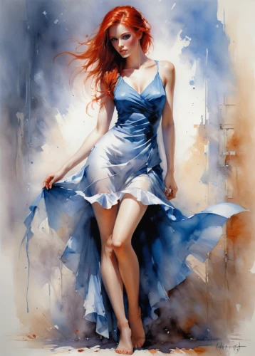 watercolor blue,watercolor pin up,blue painting,a girl in a dress,art painting,girl in a long dress,fantasy art,fineart,italian painter,fashion illustration,young woman,girl in cloth,girl in a long,oil painting,femininity,gracefulness,romantic portrait,watercolor paint strokes,oil painting on canvas,redhead doll,Conceptual Art,Oil color,Oil Color 03