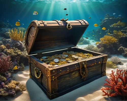 treasure chest,tackle box,pirate treasure,steamer trunk,underwater background,cube sea,attache case,fish tank,savings box,marine tank,treasure hunt,play escape game live and win,under sea,aquarium,reef tank,treasure house,under the sea,the bottom of the sea,boxfish,collected game assets,Illustration,Realistic Fantasy,Realistic Fantasy 35