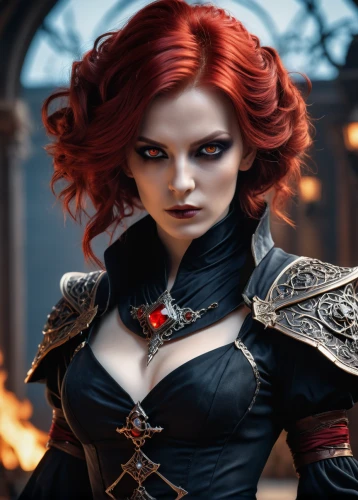 female warrior,sorceress,black widow,breastplate,celtic queen,red-haired,massively multiplayer online role-playing game,fantasy woman,swordswoman,vampire woman,fiery,warrior woman,merida,fire angel,heroic fantasy,gothic woman,redheads,queen of hearts,gothic portrait,cosplay image