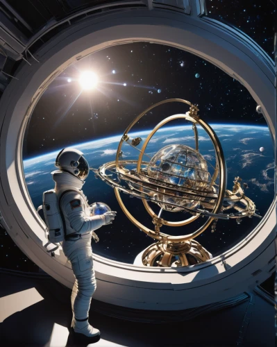 armillary sphere,spacewalk,spacewalks,space walk,orrery,space tourism,iss,astronaut helmet,telescope,earth station,robot in space,astronautics,planetarium,voyager golden record,astronomer,sky space concept,copernican world system,space travel,space station,space art,Art,Classical Oil Painting,Classical Oil Painting 05