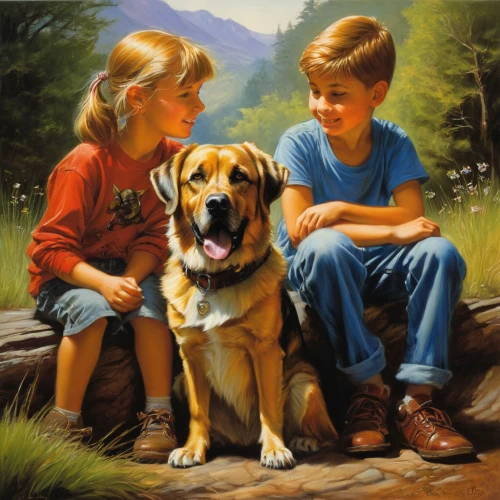 boy and dog,oil painting,oil painting on canvas,family dog,labrador retriever,children,pyrenean mastiff,three dogs,hunting dogs,labrador,english mastiff,girl and boy outdoor,little boy and girl,harmonious family,girl with dog,dog breed,childs,puppy pet,companion dog,golden retriever,Illustration,Realistic Fantasy,Realistic Fantasy 32