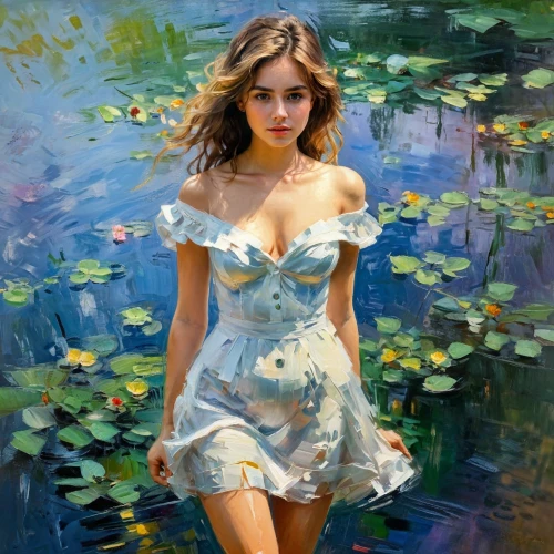 girl on the river,water nymph,girl in the garden,oil painting,young woman,the blonde in the river,oil painting on canvas,art painting,girl on the boat,floating on the river,danila bagrov,girl in cloth,fantasy art,oil on canvas,bodypaint,italian painter,fineart,vietnamese woman,blue painting,romantic portrait