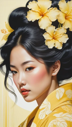 geisha girl,oriental painting,geisha,japanese floral background,japanese art,chinese art,oriental girl,kimono fabric,japanese woman,oriental princess,flower painting,oriental,floral japanese,junshan yinzhen,meticulous painting,fashion illustration,plum blossom,portrait background,jasmine blossom,plum blossoms,Illustration,American Style,American Style 03