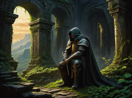 hall of the fallen,hooded man,heroic fantasy,fantasy picture,cloak,mausoleum ruins,fantasy art,doctor doom,the wanderer,pilgrimage,solitude,lone warrior,druid,guards of the canyon,druid grove,sepulchre,the fallen,northrend,the ruins of the,templar,Illustration,Realistic Fantasy,Realistic Fantasy 32