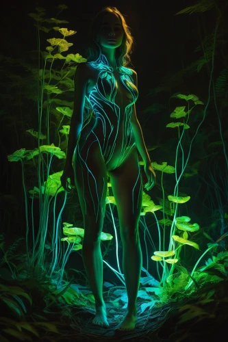 neon body painting,bioluminescence,dryad,aquatic plants,water nymph,rusalka,drawing with light,aquatic plant,glow in the dark paint,siren,fireflies,merfolk,light drawing,bodypaint,bodypainting,light paint,poison ivy,faerie,neon light,light painting,Conceptual Art,Fantasy,Fantasy 15