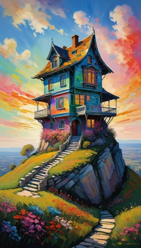 lonely house,house in mountains,home landscape,house painting,house in the mountains,little house,studio ghibli,summer cottage,ancient house,house with lake,summit castle,house of the sea,house by the water,fisherman's house,house silhouette,hilltop,high landscape,cottage,roof landscape,crispy house,Art,Artistic Painting,Artistic Painting 04