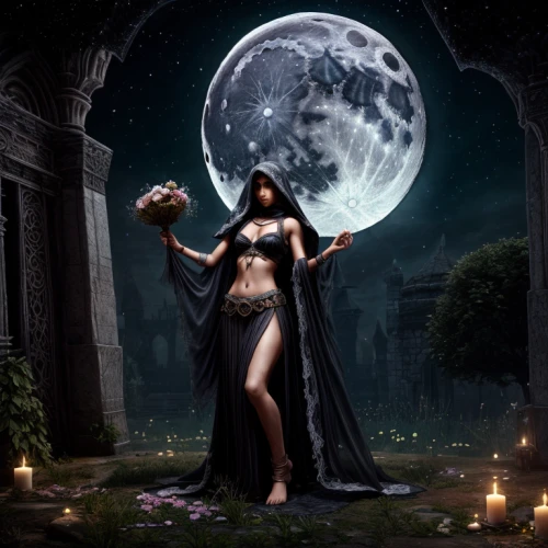 sorceress,fantasy picture,the night of kupala,queen of the night,priestess,celebration of witches,the enchantress,fantasy art,lady of the night,gothic woman,lunar phases,zodiac sign libra,moonflower,moonlit night,moonlit,divination,dance of death,fantasy woman,moon phase,full moon day