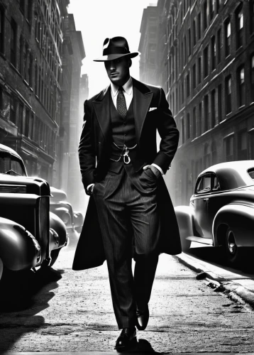 al capone,film noir,mobster,gentleman icons,black businessman,godfather,mafia,smooth criminal,spy visual,gentlemanly,a black man on a suit,kingpin,enrico caruso,james bond,trilby,secret agent,frank sinatra,private investigator,cary grant,roaring twenties,Illustration,Black and White,Black and White 04