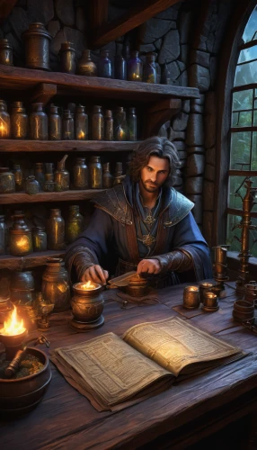 apothecary,candlemaker,dwarf cookin,blacksmith,tinsmith,merchant,watchmaker,cookery,thorin,shopkeeper,tavern,vendor,metalsmith,dulcimer herb,silversmith,clockmaker,hobbiton,winemaker,alchemy,luthier,Illustration,Retro,Retro 20