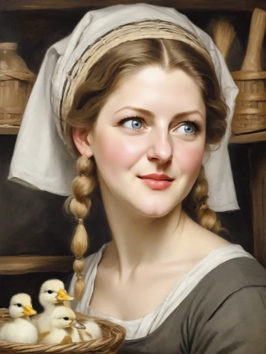 girl with bread-and-butter,woman holding pie,milkmaid,emile vernon,girl with cereal bowl,girl in the kitchen,girl with cloth,young woman,woman with ice-cream,portrait of a girl,vintage female portrait,the girl's face,bouguereau,girl in a historic way,duck females,romantic portrait,woman eating apple,oil painting,portrait of a hen,bougereau,Digital Art,Impressionism