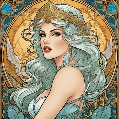 art nouveau design,art nouveau,mucha,gold foil mermaid,the snow queen,zodiac sign libra,fairy queen,aphrodite,art nouveau frame,zodiac sign gemini,white rose snow queen,horoscope libra,virgo,queen of the night,celtic queen,the zodiac sign pisces,athena,laurel wreath,ice queen,fantasy portrait,Illustration,Retro,Retro 13