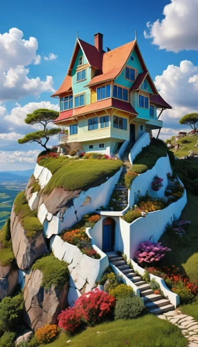 house in mountains,crooked house,house in the mountains,popeye village,dunes house,studio ghibli,home landscape,roof landscape,cube house,floating island,hillside,house with lake,beautiful home,little house,house of the sea,houses clipart,fairy tale castle,alpine village,house by the water,house painting,Photography,General,Realistic