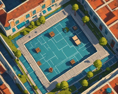 tennis court,basketball court,isometric,roof top pool,roofs,swimming pool,dug-out pool,rooftops,pool,city moat,soccer field,red brick,red bricks,swim ring,city blocks,paved square,outdoor pool,fortress,topdown,skating rink,Illustration,Realistic Fantasy,Realistic Fantasy 23