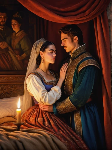 romantic scene,a fairy tale,fairytale,fairy tale,romance novel,romantic portrait,four poster,fairytales,fairy tales,fantasy picture,romantic night,four-poster,children's fairy tale,shepherd romance,serenade,cinderella,fairy tale icons,young couple,throughout the game of love,woman on bed,Art,Artistic Painting,Artistic Painting 31