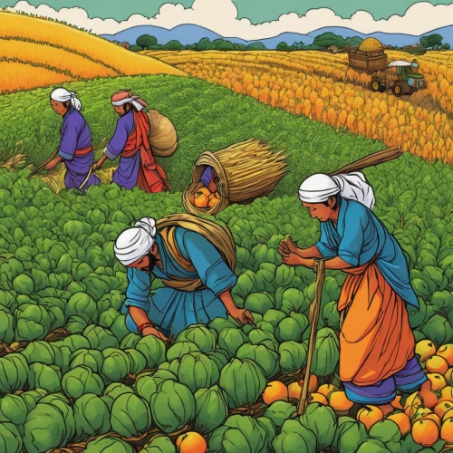 farm workers,picking vegetables in early spring,field cultivation,vegetables landscape,vegetable field,agriculture,farmworker,agricultural,farmers,harvest,agroculture,agricultural use,workers,cereal cultivation,cultivated field,vegetable market,farming,cultivation,cash crop,harvesting,Illustration,Japanese style,Japanese Style 11