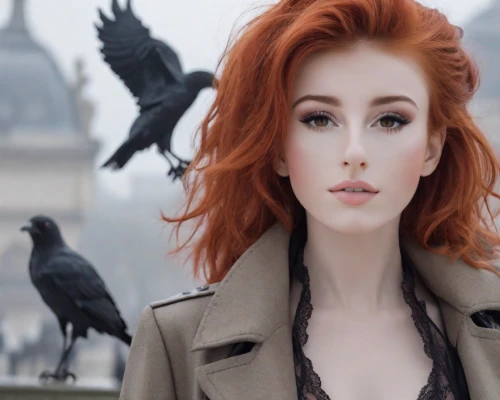 clary,feathered hair,mina bird,red-haired,redhair,black coat,redheaded,crows,redheads,murder of crows,queen cage,redhead,bird bird-of-prey,doves and pigeons,crow queen,red head,flightless bird,ornithology,doves,cage bird,Photography,Natural