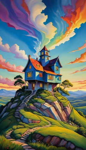 home landscape,house in mountains,fantasy landscape,lonely house,house painting,landscape background,fisherman's house,house silhouette,crooked house,house in the mountains,high landscape,flying island,house of the sea,witch's house,roof landscape,summer cottage,housetop,an island far away landscape,cottage,hilltop,Art,Artistic Painting,Artistic Painting 21