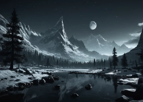 lunar landscape,fantasy landscape,moonlit night,landscape background,moonscape,fantasy picture,moon and star background,snowy peaks,snowy mountains,boreal,skyrim,futuristic landscape,salt meadow landscape,nightscape,moonlit,mountain landscape,mountainous landscape,winter background,night scene,lake moraine,Photography,Black and white photography,Black and White Photography 08