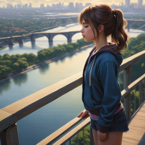 girl on the river,above the city,girl sitting,girl in a long,girl studying,world digital painting,city ​​portrait,overpass,bridge,han river,girl portrait,on the roof,anime japanese clothing,girl and boy outdoor,girl drawing,scenic bridge,cityscape,girl with speech bubble,overlook,landscape background,Conceptual Art,Fantasy,Fantasy 03