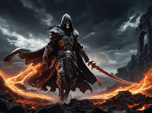 massively multiplayer online role-playing game,grimm reaper,dodge warlock,reaper,fire background,death god,heroic fantasy,templar,dark elf,fire master,hooded man,cleanup,grim reaper,flickering flame,burning earth,fantasy art,undead warlock,pillar of fire,diablo,scorched earth,Illustration,Black and White,Black and White 07