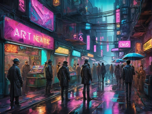 cyberpunk,world digital painting,colorful city,kowloon,dystopian,tokyo city,hong kong,cityscape,dystopia,shinjuku,tokyo,fantasy city,umbrellas,taipei,chinatown,shanghai,urban,alleyway,neon ghosts,vapor,Illustration,Vector,Vector 18