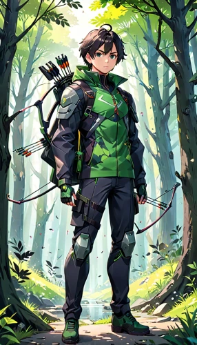 forest man,robin hood,adventurer,mountain guide,woodsman,cartoon ninja,hiker,forest background,game illustration,forest workers,arborist,patrol,shinobi,hiking equipment,the wanderer,forest animal,swordsman,biologist,forest clover,hunter's stand,Anime,Anime,Realistic