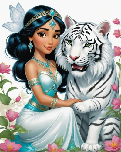 jasmine,fairy tale character,aladha,lion white,white tiger,cute cartoon image,snow white,white rose snow queen,she feeds the lion,lily of the nile,fairytale characters,fantasy picture,fairy tale icons,princess sofia,princesses,lionesses,jasmine blossom,prince and princess,fantasy art,princess,Conceptual Art,Fantasy,Fantasy 09