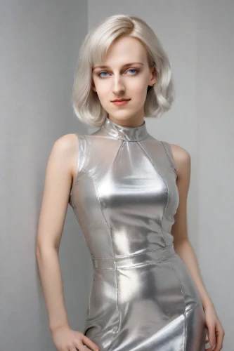 silver,latex clothing,silvery,pixie-bob,photo session in bodysuit,silver lacquer,silver pieces,latex,a wax dummy,female model,pixie,metallic feel,cocktail dress,dress doll,artificial hair integrations,dita,marylyn monroe - female,aluminum,metallic,white gold,Photography,Realistic