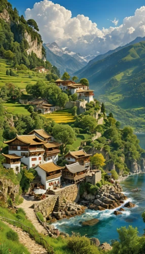 mountain village,yunnan,alpine village,asturias,mountainous landscape,south korea,mountain settlement,guizhou,alpine pastures,mountain landscape,oriental,japanese alps,landscape background,the valley of flowers,korean folk village,alpine region,bhutan,japan landscape,mountain scene,beautiful landscape,Photography,General,Realistic