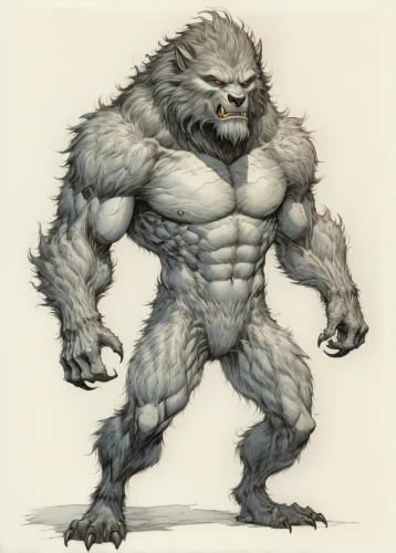 werewolf,wolfman,werewolves,brute,wolverine,silverback,orc,gorilla,barong,yeti,minotaur,gray animal,strongman,nordic bear,barbarian,leopard's bane,bodybuilder,ape,muscular,snarling,Illustration,Black and White,Black and White 13