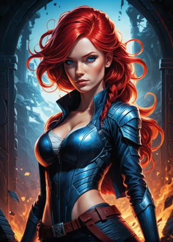 black widow,mystique,cg artwork,merida,red-haired,gear shaper,game illustration,clary,collectible card game,scarlet witch,shaper,massively multiplayer online role-playing game,sci fiction illustration,femme fatale,fantasy woman,cobra,elza,vada,xmen,fire background,Illustration,Realistic Fantasy,Realistic Fantasy 25