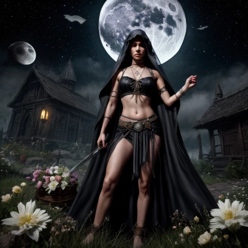 sorceress,fantasy picture,fantasy woman,queen of the night,the enchantress,fantasy art,warrior woman,priestess,the night of kupala,lady of the night,huntress,goddess of justice,celtic queen,full moon,lunar eclipse,dark elf,cybele,vampire woman,moonlit,full moon day