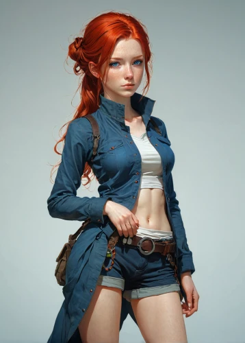 girl with gun,jean jacket,girl in overalls,redhead doll,3d figure,girl with a gun,game illustration,asuka langley soryu,woman holding gun,game art,cg artwork,sci fiction illustration,clementine,game character,3d model,jean button,redheads,croft,smoking girl,clary,Illustration,Realistic Fantasy,Realistic Fantasy 12