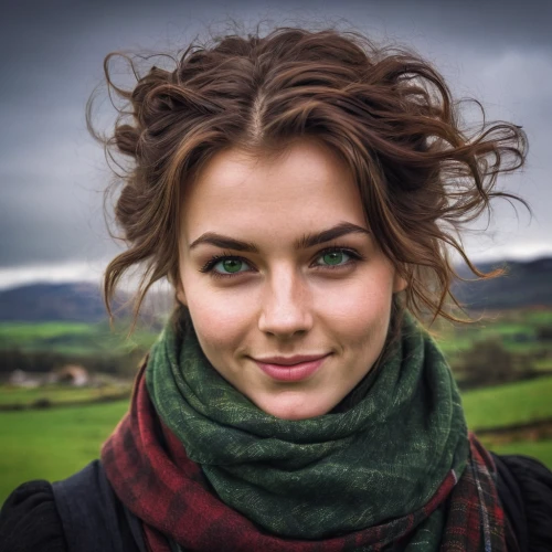 east-european shepherd,irish,swedish german,women's eyes,layered hair,beautiful face,woman portrait,romantic portrait,portrait photographers,young woman,scottish,woman face,attractive woman,heterochromia,woman's face,scarf,beautiful young woman,natural cosmetic,pretty young woman,green eyes,Art,Classical Oil Painting,Classical Oil Painting 18