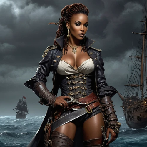 black pearl,pirate,the sea maid,female warrior,seafaring,warrior woman,massively multiplayer online role-playing game,naval officer,catarina,pirate treasure,heroic fantasy,pirates,fantasy art,african american woman,fantasy picture,black warrior,celtic queen,sea hawk,piracy,game illustration,Conceptual Art,Fantasy,Fantasy 34