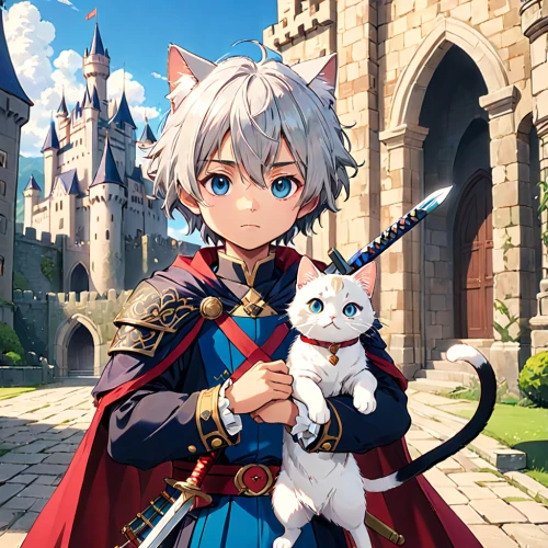 cat child,ritriver and the cat,merlin,cat with blue eyes,boy and dog,silver tabby,domestic short-haired cat,white cat,little cat,two cats,dog and cat,leo,dog cat,cute cat,meteora,pet,cat lovers,violet evergarden,cg artwork,adopt a pet,Anime,Anime,Traditional