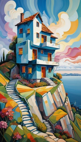 home landscape,house in mountains,house painting,escher village,house in the mountains,hanging houses,winding steps,house with lake,apartment house,mountain huts,nubble,mountain village,aurora village,wooden houses,blocks of houses,apartment block,apartment building,houses clipart,alpine village,meticulous painting,Art,Artistic Painting,Artistic Painting 05