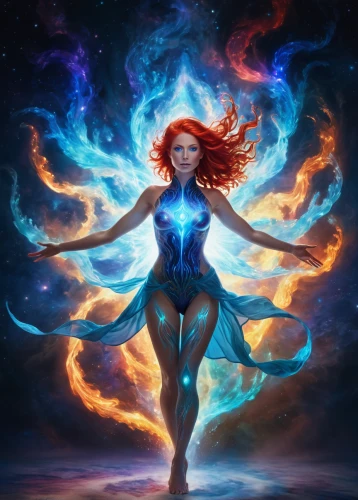 starfire,earth chakra,firedancer,blue enchantress,fantasy woman,aquarius,nebula guardian,fire dancer,astral traveler,mystique,fantasy art,flame spirit,yogananda,sorceress,fantasy portrait,dancing flames,symetra,sci fiction illustration,divine healing energy,fantasy picture,Illustration,Realistic Fantasy,Realistic Fantasy 20