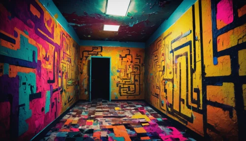 hallway,abandoned room,color wall,corridor,graffiti art,hallway space,graffiti,urbex,dungeon,wall paint,painted wall,basement,creepy doorway,painted block wall,rooms,maze,alley,post-it notes,live escape room,abandoned places,Conceptual Art,Oil color,Oil Color 20