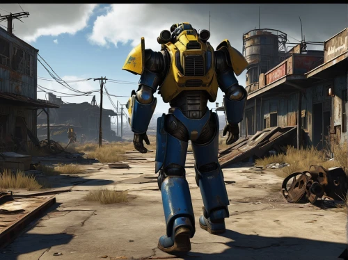 fallout4,fallout,fresh fallout,bumblebee,blue-collar worker,yellow machinery,yellow jacket,blue-collar,wasteland,yellow and blue,dewalt,shipyard,mech,industrial fair,heath-the bumble bee,kryptarum-the bumble bee,refinery,scrap dealer,scrapyard,erbore,Illustration,Vector,Vector 14