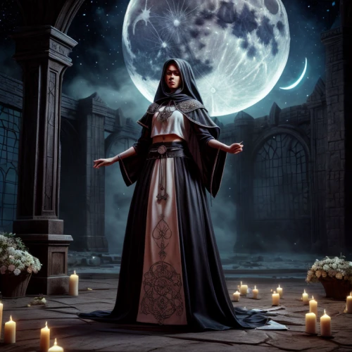 sorceress,priestess,gothic woman,lady of the night,queen of the night,gothic portrait,fantasy picture,vampire woman,celebration of witches,dance of death,gothic fashion,seven sorrows,priest,vampire lady,dark gothic mood,divination,the prophet mary,candlemaker,moonlit,moonlit night