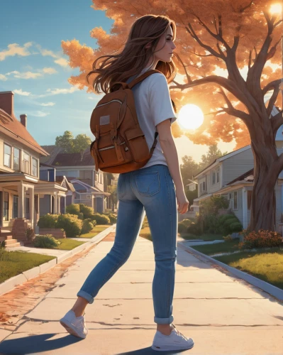 girl walking away,world digital painting,woman walking,digital painting,going home,sci fiction illustration,one autumn afternoon,home or lost,cg artwork,leaving,girl studying,left house,back-to-school,palo alto,digital compositing,walking,walk,autumn walk,sidewalk,girl with tree,Illustration,Black and White,Black and White 07