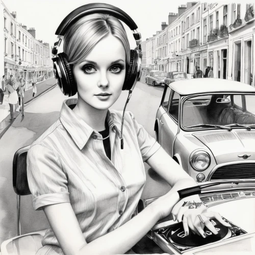 audiophile,stereophonic sound,handsfree,thorens,car radio,headphone,vehicle audio,radio for car,two-way radio,wireless headset,headset,jeep dj,listening to music,opel record,headphones,girl in car,retro women,model years 1960-63,retro girl,hi-fi,Illustration,Black and White,Black and White 30