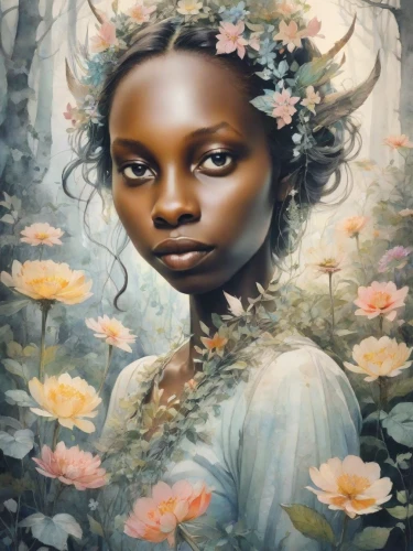 girl in flowers,mystical portrait of a girl,girl in a wreath,flora,dryad,faery,fantasy portrait,girl in the garden,faerie,cloves schwindl inge,flower fairy,flower girl,african woman,natura,african american woman,magnolia,oil painting on canvas,rwanda,mother nature,african art,Digital Art,Watercolor