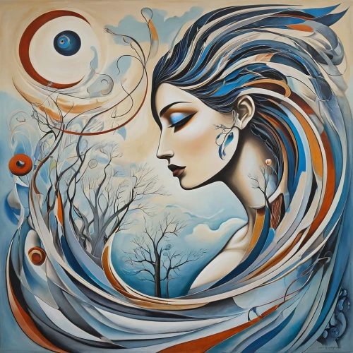 boho art,the zodiac sign pisces,oil painting on canvas,the wind from the sea,mother earth,the sea maid,art painting,glass painting,siren,water nymph,shamanism,meticulous painting,blue moon rose,water lotus,zodiac sign libra,shiva,swirling,aquarius,carol colman,zodiac sign gemini,Illustration,Black and White,Black and White 07