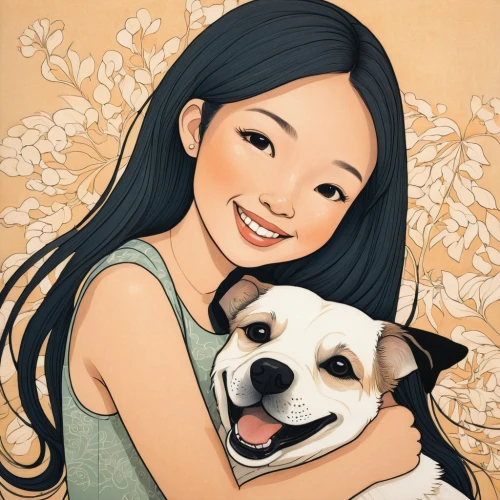 girl with dog,akita inu,dog illustration,japanese terrier,shiba inu,shiba,mari makinami,kishu,asian woman,janome chow,cute cartoon image,cute cartoon character,korean jindo dog,chinese art,jack russel,pet portrait,boy and dog,akita,russell terrier,dog breed,Illustration,Japanese style,Japanese Style 15