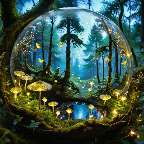 fairy forest,enchanted forest,terrarium,fairy world,snowglobes,fairytale forest,mushroom landscape,snow globes,elven forest,fairy house,forest floor,forest of dreams,little planet,fairy lanterns,fantasy picture,glass sphere,fairy village,crystal ball-photography,environmental art,lensball,Photography,Artistic Photography,Artistic Photography 10